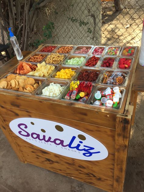 Fruit Chamoy Bar, Snack Bar Cart Ideas, Chamoy Bar, Party Food Carts, Mexican Candy Bar, Snack Bar Menu, Snack Bar Ideas, Mexican Snack Foods, Fiesta Party Food