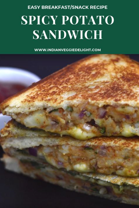 Spicy Potato Sandwich|Aloo Sandwich is an easy breakfast or snack recipe made with boiled and mashed potatoes ,mozzarella ,few spices and toasted to perfection that you can be made in 20 minutes.This sandwich is delicious and filling, all time favorite dish for toddlers and kids.|indianveggiedelight.com Sandwich Recipes Indian, Street Food India, Kuih Lapis, Potato Sandwich, Spicy Snacks Recipes, Deli Sandwiches, Breakfast Recipes Indian, Vegetarian Fast Food, Tastemade Recipes