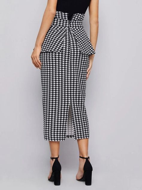 SHEIN Notch Waist Ruffle Detail Houndstooth Print Pencil Skirt for Sale Australia| New Collection Online| SHEIN Australia Fitted Black Skirt With Houndstooth Pattern, Fitted Houndstooth Pencil Skirt, Elegant Houndstooth Mini Skirt, Vintage Houndstooth Skirt, Houndstooth Pencil Skirt, I Am Blessed, Printed Pencil Skirt, Skirts Online, Professional Attire