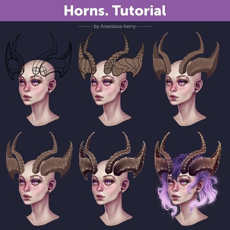 Horns. Tutorial | Patreon Hair With Horns, Drawing Horns, Horns Reference, Horns Drawing, Magic Tutorial, How To Shade, How To Draw Hair, Dnd Characters, Eye Drawing