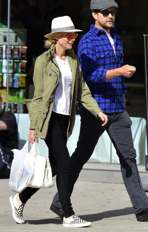 { perfect weekend outfit = white t + black pants + army green + checkered vans + hot man } Vans Checkerboard Outfit, Checkered Vans Outfit, Slip On Outfit, White Checkered Vans, Checkered Vans, Vans Outfit, Toddler Girl Shoes, Diane Kruger, Military Style Jackets