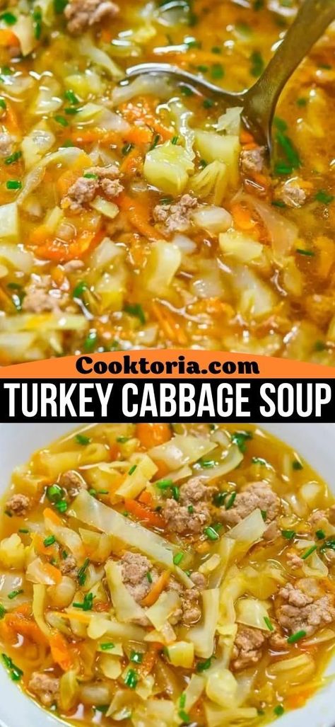 This Turkey Cabbage Soup is a delicious Asian-inspired dish that will warm you from the inside out. Flavorful and full of tender veggies and turkey, it's savory with just a touch of heat. FOLLOW Cooktoria for more deliciousness! If you try my recipes - share photos with me, I ALWAYS check! Turkey Burger And Cabbage Recipes, Cabbage Soup With Turkey Meat, Cabbage Turkey Soup, Soup Recipes Using Ground Turkey, Cabbage Soup With Ground Turkey, Ground Turkey Cabbage Soup, Ground Turkey And Cabbage Recipes, Turkey Cabbage Soup, Turkey Cabbage