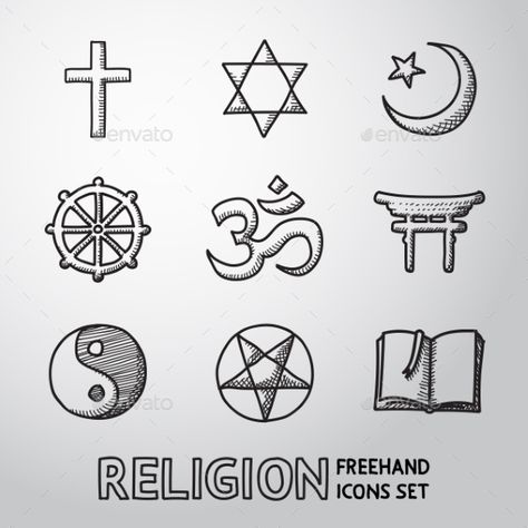 World religion hand drawn symbols set with christian, Jewish, Islam, Buddhism, Hinduism, Taoism, Shinto, pentagram, and book as s Cross Drawing, Exo Background, Ace Of Pentacles, Embroidery Mini, Symbol Drawing, Capa De Caderno Personalizada, School Icon, Hand Drawn Icons, History Classroom