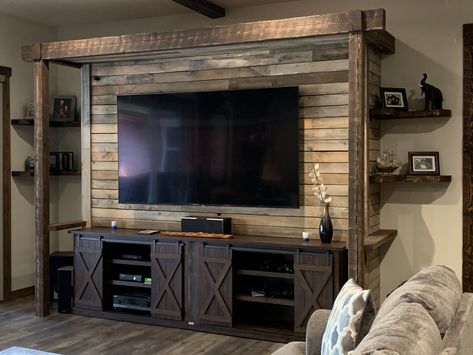 Log Cabin Tv Wall, Barnwood Entertainment Center, Man Cave Entertainment Center, Rustic Entertainment Center Diy, Rustic Media Room, Western Entertainment Center, Rustic Tv Wall Ideas, Tv Wall Ideas, Rustic Entertainment Center