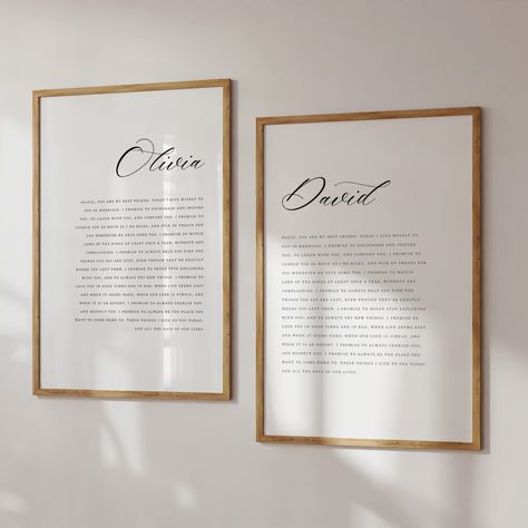 Introducing our exquisite Personalized Wedding Vows Set, the perfect Her His Vows Gift for your special day! Cherish your sacred promises with our stunning art prints meticulously crafted to showcase your heartfelt sentiments in modern calligraphy. This elegant piece of Vows Art is not only a beautiful addition to your home decor but also makes for a thoughtful Wedding Anniversary Gift.  HOW IT WORKS 1. After the purchase, send us your wedding vows via Etsy messenger. Please, be sure to proofrea Wedding Vow Canvas Art, Wedding Vows Decor Wall Art, Framing Wedding Vows, Printed Vows Decor, Bedroom Decor Wedding Photos, Vows In Frame, Wedding Vows Decor, Wedding Vow Decor, Vows Printed And Framed