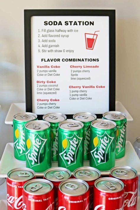 Party Food And Drink Set Up, Drink Bar For Teachers, Drink Bar Ideas Party, Drink Station For Party, Drink Syrup Station, Flavored Soda Bar, Teacher Appreciation Drink Bar, Staff Appreciation Events, Soda Bar Ideas Drink Stations