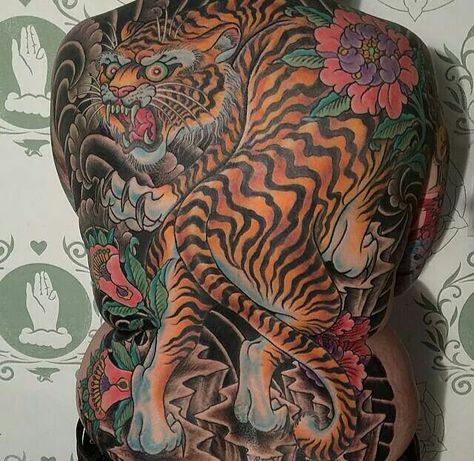 Tiger Tattoo Tiger Backpiece Tattoo, Tebori Tattoo, Backpiece Tattoo, Japanese Tiger, Tiger Tattoo, Back Pieces, Animal Tattoos, Back Tattoo, Color Tattoo