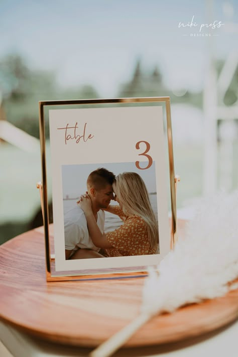 Fun Wedding Table Decorations, Picture Frame Table Numbers, Wedding Table Numbers With Pictures, Terracotta Wedding Table, Boho Table Numbers, Framed Table Numbers Wedding, Number Cards Printable, Photos Template, Table Number Ideas