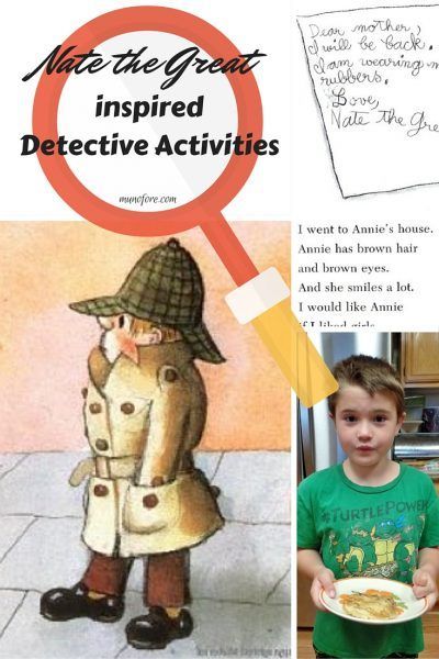 Nate the Great Inspired Activities. detective games for kids, detective activities, pancake recipe, cursive writing apps and worksheets Nate The Great Activities, Detective Games For Kids, Detective Vbs, Family Literacy Night Activities, Storybook Activities, Mystery Unit, Writing Apps, Detective Party, Detective Theme