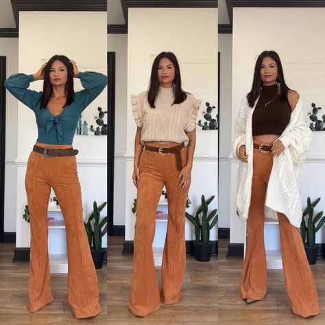 How To Style Suede Pants, Burnt Orange Flare Pants Outfit, Tan Flare Pants Outfit, Flared Corduroy Pants Outfit, Brown Suede Pants Outfit, Corduroy Flare Pants Outfit, Suede Pants Outfit, Brown Flare Pants Outfit, Building Closet