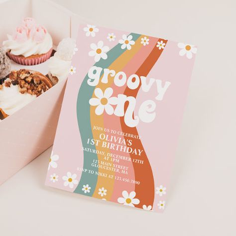 Groovy One 1st Birthday, One Year Old Groovy Birthday, Groovy One Birthday Invitations, One Groovy Baby Birthday Invitations, One Groovy Gal Birthday, Groove One Birthday, Groovy One First Birthday Invitation, Groovy One Invitations, First Birthday Girl Groovy One