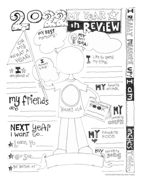 2021 Year In Review Printable coloring page is the perfect way to record your child's year. It is fun to learn what they think is their proudest accomplishment and best idea. Complete this sheet every year to see how hobbies, tastes in food, and friends change. You can also see how they measure up! #kids #coloringpages Year In Review Printable, Kids New Years Eve, Dad Printable, Happy Birthday Coloring Pages, Friends Change, Skip To My Lou, Mario Coloring Pages, Birthday Coloring Pages, New Years Activities