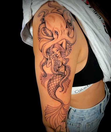 180 Captivating and Thought-Provoking Mermaid Tattoo Designs - Psycho Tats Mens Ocean Tattoo Sleeve, Mermaid Tattoo For Men, Half Sleeve Tattoo For Women, Siren Mermaid Tattoos, Mermaid Thigh Tattoo, Mermaid Sleeve Tattoos, Mermaid Octopus, Ocean Sleeve Tattoos, Octopus Tattoo Sleeve