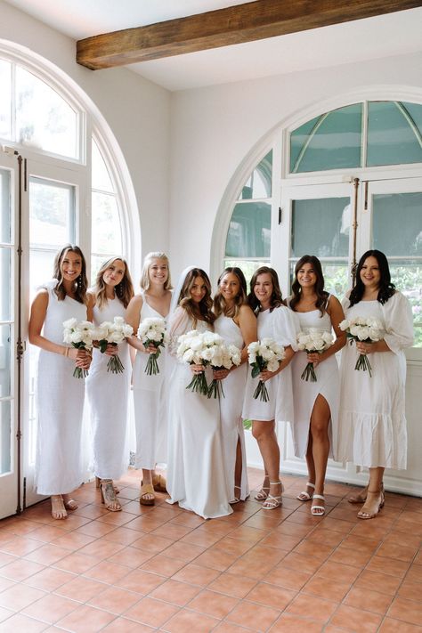 White bridesmaid dresses are so classy + uniform + needless to say, we are huge fans of this trend! White Linen Bridesmaids Dresses, White Mismatched Bridesmaid Dresses, White Midi Bridesmaid Dresses, White Silk Bridesmaid Dresses, White Linen Bridesmaid Dress, White Wedding Theme Bridesmaid Dresses, White Bridesmaid Dresses Mismatched, White Maid Of Honor Dress, Ivory Bridesmaid Dresses Mismatched