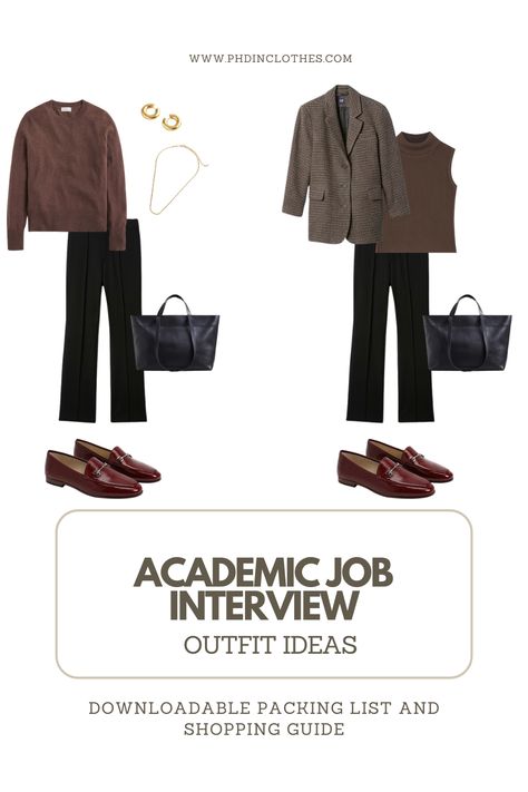 Wondering what to wear to an academic on-campus interview? This downloadable guide will walk you through shopping, packing, and outfit ideas! Academic Job Interview Outfit, Interview Outfit Women, Professor Outfits, Female Professor, Printable Packing List, Job Interview Outfit, Interview Outfits Women, Job Interviews, Woman Style