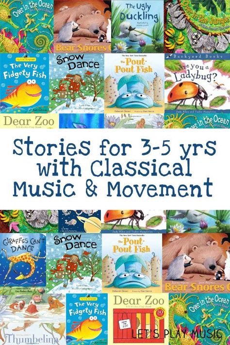 Stories with classical music and movement for 3 - 5 year olds - A great way to encourage young imaginations. Lets Play Music, Kindergarten Music, Preschool Music, Music And Movement, Preschool Books, Music Activities, Elementary Music, Music Classroom, Book List