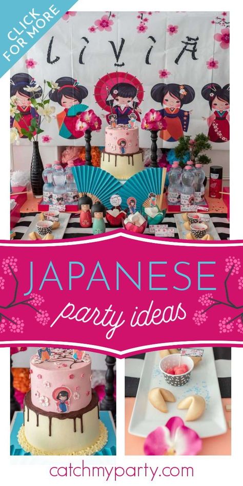 Asian Inspired Birthday Party, Japanese Party Favors, Geisha Party Theme, Japan Birthday Party, Asian Birthday Party Ideas, Japan Party Theme, Manga Birthday Party, Korean Theme Party Ideas, Japanese Party Ideas