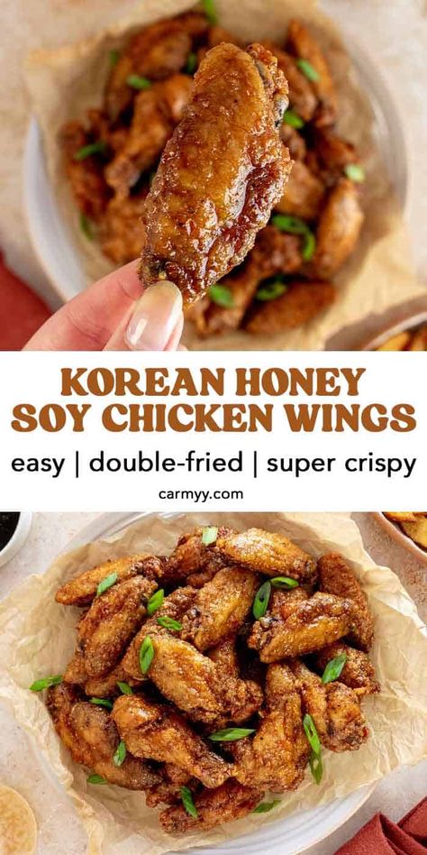 Double Fry Chicken Wings, Soy Chicken Wings, Honey Soy Chicken Wings, Korean Chicken Wings, Cheesy Chicken Recipes, Honey Chicken Wings, Honey Soy Chicken, Soy Chicken, Prep Meals