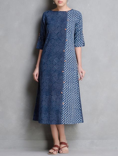 Buy Indigo Ivory Coral Dabu Printed Button Detail Cotton Dress by Indian August Online at Jaypore.com Sukienki Maksi, Kurta Patterns, Kurti Patterns, Salwar Kamiz, Batik Fashion, Cotton Kurti Designs, Kurta Designs Women, Batik Dress, Dress Designer