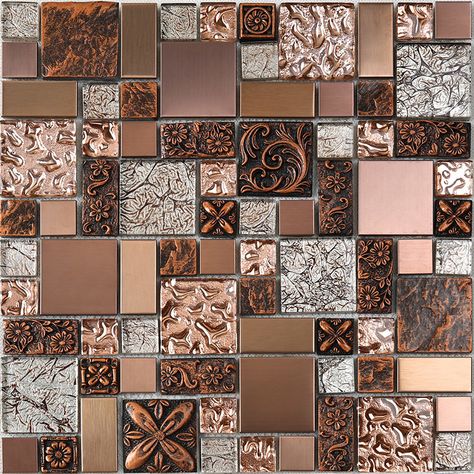 Rose Gold Resin Metallic Glass Mosaic Tile HXL09 Copper Mosaic Backsplash, Metal Backsplash, Metal Tile Backsplash, Bronze Tiles, Patterned Tile Backsplash, Metal Mosaic, Rose Gold Kitchen, Mosaic Backsplash Kitchen, Metal Mosaic Tiles