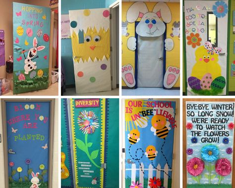 Eight different decorating ideas for classroom doors. Spring, Chicks, Flowers, Bunnies, and Bees Classroom Door Spring Ideas, Bunny Classroom Door, Easter Door Decorations Classroom, Classroom Door Spring, Easter Chicks Diy, Easter Door Decorations Classroom Peeps, Spring Door Decorations Classroom, Flower Garden Classroom Door, Easter Classroom Door