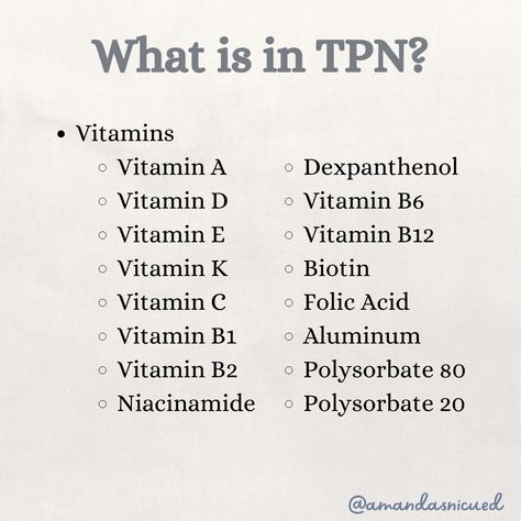 Total Parenteral Nutrition (TPN) in the NICU TPN is a specialized intravenous feeding method that delivers a precise blend of essential nutrients directly into the bloodstream. It's like a tailor-made Gatorade for NICU babies! 🌟 ✨ What's in TPN? 🌱 Dextrose: The primary source of carbohydrates in TPN, providing essential energy for our little patients’ growing bodies. It's carefully measured to meet their individual needs. 🍼 Amino Acids: The building blocks of proteins, essential for growth... Total Parenteral Nutrition, Parenteral Nutrition, Sources Of Carbohydrates, Nursing School Tips, Primary Sources, School Tips, Essential Nutrients, School Hacks, Nursing School