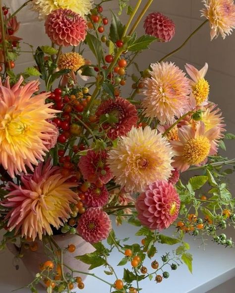 yasmine on Instagram: "Dahlias and tomatoes for a very talented and darling chef." Tomato Bouquet, Dahlia Wedding Bouquets, Dahlia Wedding, Dahlias Wedding, Dahlia Bouquet, Dahlia, Tomatoes, Our Wedding, Chef