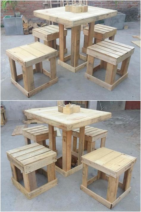 Rustic Wood Projects, Table And Stools, Pallet Tables, Pallet Projects Easy, Pallet Patio Furniture, Pallet Project, Wooden Pallet Projects, Apartment Patio Decor, Recycled Pallets