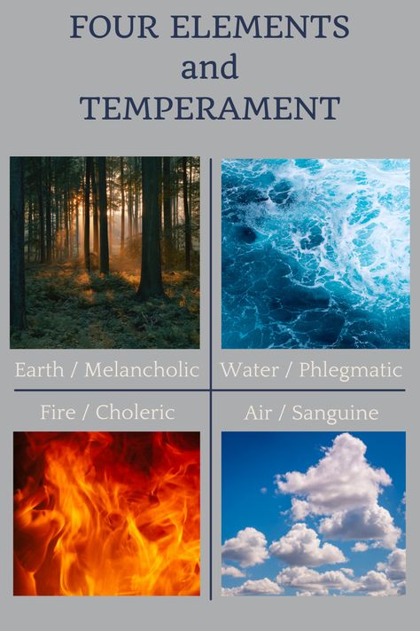 The four temperaments are melancholic, phlegmatic, choleric, and sanguine. They are based on the four elements of earth, water, fire, and air. Each person has a unique mix of the four elements. The dominant element determines the temperament of an individual. So a person with mostly water element (or phlegm humor) would have a phlegmatic temperament. Elemental Person, Four Elements Power Aesthetic, Four Elements Aesthetic, Choleric Temperament, What Do The Elements Represent, Air Element, Melancholic Temperament, Phlegmatic Personality, Choleric Melancholic