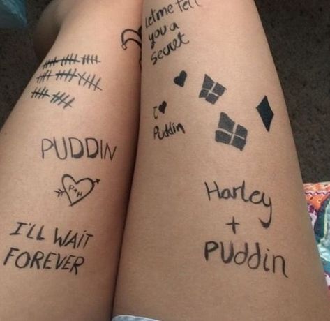 Harley Quinn Tattoos Costume, Harley Quinn Leg Tattoos, Harely Quinn Tattoos, Harley Joker Costume, Harley Quinn And The Joker Tattoo, Harly Quinn And Joker Halloween Costumes, Harely Quinn Costume Halloween, Harley Quinn And The Joker Costume, Puddin Tattoo