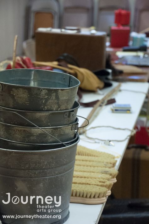 buckets, brushes  Annie Jr. 2014 #jtagshows #AnnieJTAG #proptable Annie Jr Props, Annie Props, Annie Jr, Annie Musical, The Music Man, Drama Club, Musical Theater, Theatre Costumes, Theatre Arts