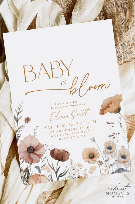 The perfect digital invitation template for your boho-inspired 'baby in bloom' themed baby shower! Effortlessly customize and share the joy online with this chic design. A perfect base for your fairy first decor to set the tone for a beautiful event! Perfect for hassle-free party planning. Make the day memorable and share the excitement with friends and family. Instant Download with the option of sending via text or printing. Visit 'Our Dearest Moments' to shop the and buy now! Flower Baby Shower Invitations, Baby In Bloom Neutral Shower Ideas, Baby In Bloom Invitation Template, Baby In Bloom Girl Shower Ideas, Baby Im Bloom Baby Shower Theme, Baby In Bloom Shower Invitation, Spring Baby Shower Themes Neutral, Boho Floral Baby Shower Ideas, Girl Baby Shower Themes Spring