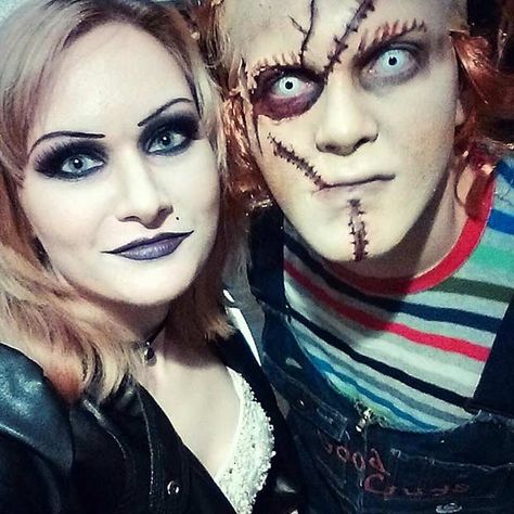 51 Creative Couples Costumes for Halloween - Page 3 of 5 - StayGlam Horror Couples Costumes, Horror Couples, Bff Costume Ideas, Bride Of Chucky Halloween, Creative Couples Costumes, Chucky Cosplay, Bride Of Chucky Tiffany, Couples Costumes For Halloween, Chucky Makeup