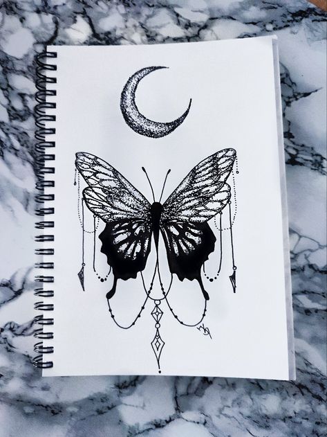 Tattoo stencil Butterfly Moon Drawing, Butterfly And Moon Drawing, Dark Butterfly Drawing, Moon Sketch Aesthetic, Butterfly Drawing Aesthetic, W Drawing, Butterfly Moon, Butterfly Sketch, Ear Tattoo Ideas