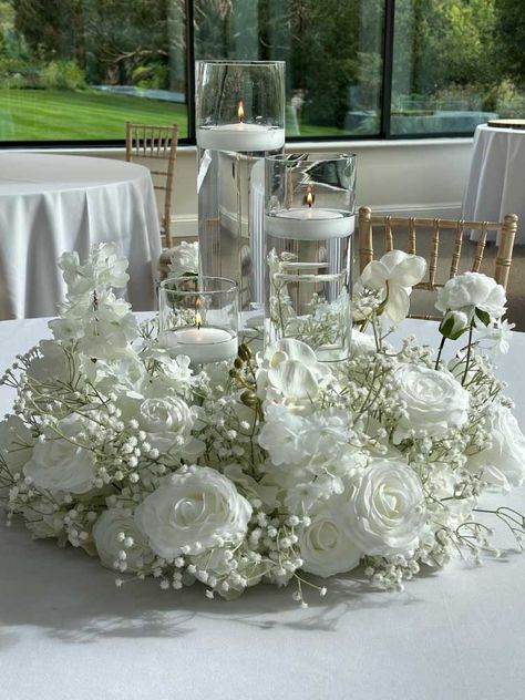 uplit-graceful-wreath Wedding Table Centres Centerpieces, Faux Floral Centerpieces Wedding, Flat Centerpieces Wedding, Table Flower Centerpieces Wedding, Contemporary Wedding Centerpieces, Big Centerpieces Wedding, Wedding Flowers Spring Rustic, Wedding With White Roses, Low White Flower Centerpieces