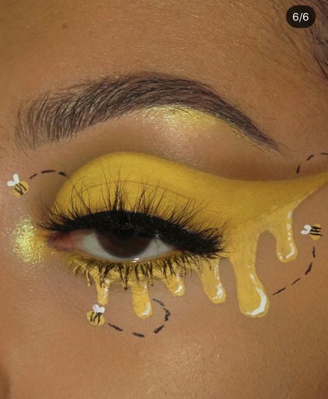 Yellow Makeup Looks Aesthetic, Yellow Halloween Makeup, Winnie The Pooh Makeup Halloween, Bumble Bee Makeup Halloween, Bee Eye Makeup, Bee Makeup Halloween, Tattoo Makeup Look, Bee Makeup Look, Yellow Makeup Ideas