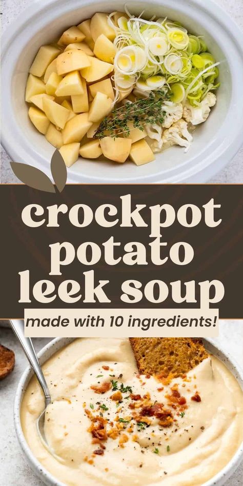 This Crockpot Potato Leek Soup is creamy, comforting, and incredibly easy to make—just toss everything in the crockpot for a rich, velvety soup that’s perfect for cozy evenings. Crockpot Potato Leek Soup Crock Pot, Potato Leek Soup Crock Pot, Crockpot Potato Leek Soup, Potato Soup Vegetarian, Fall Soups And Stews, Crockpot Potato, Leeks Soup Recipes, Vegan Crockpot Recipes, Slow Cooker Potato Soup