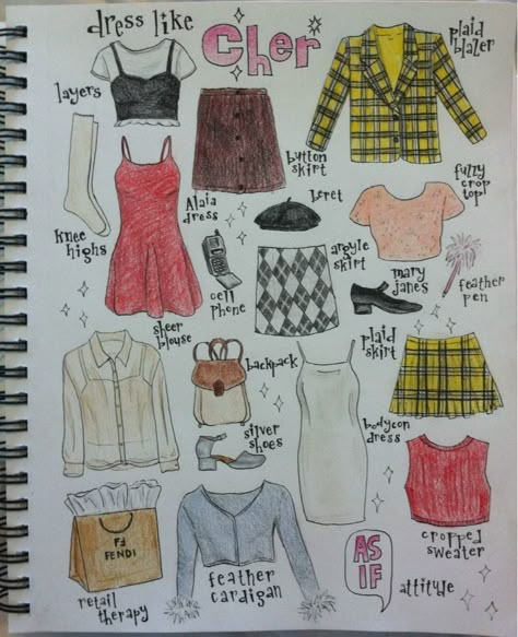 Cher Horowitz Outfit, Wardrobe Illustration, Clueless Aesthetic, Clueless Cher, Cher Clueless, Cher Horowitz, Desain Buklet, Clueless Outfits, Illustration Fashion Design