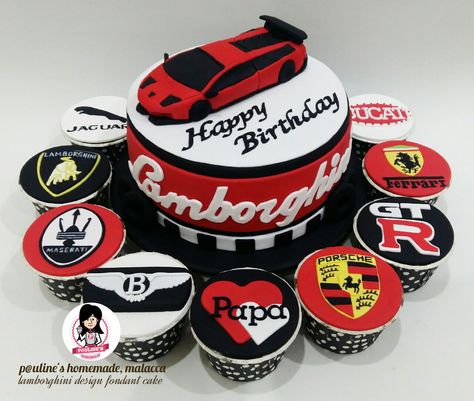 Lamborghini car & sport car logo design fondant cake & cupcakes set  #paulineshomemademalacca Sports Car Birthday Cake, Sports Car Cake, Porsche Cake, Lamborghini Cake, Car Cakes For Men, Cars Cake Design, Cake For Men, Cars Cupcakes, Car Cakes