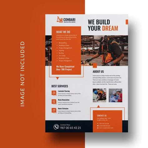 Construction Trifold Brochure Design, Design Flyers Inspiration, 1 Pager Design Ideas, Company Brochure Design Layout Creative, Engineering Flyer Design, Business Flyer Design Creative, One Pager Design Layout, Graphic Design Flyer Layout, Flier Designs Ideas