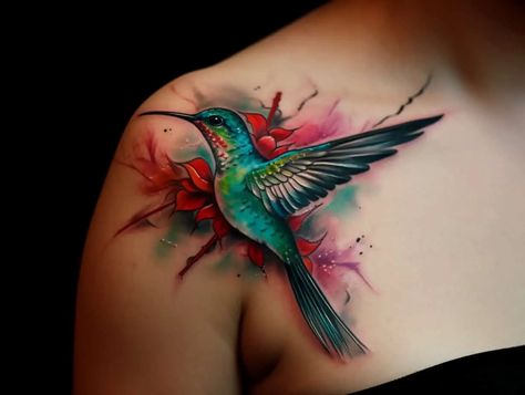 https://symbolicink.com/wp-content/uploads/2023/04/Hummingbird-Tattoo-Meaning-2.webp Hummingbird Tattoo Black, Colorful Hummingbird Tattoo, Hummingbird Tattoo Meaning, Hummingbird Flower Tattoos, Colorful Bird Tattoos, Watercolor Tattoo Sleeve, Symbols Of Strength Tattoos, Front Shoulder Tattoos, Tattoo Watercolor