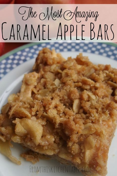 The most amazing caramel apple bars! I love these better than pie and crisp - it's that good. Perfect dessert for any meal and you can make the day before. Yum! Caramel Apple Bars, Crumb Bars, Apple Bars, Apple Dessert, Think Food, Apple Desserts, Fresh Apples, Caramel Apple, Caramel Sauce