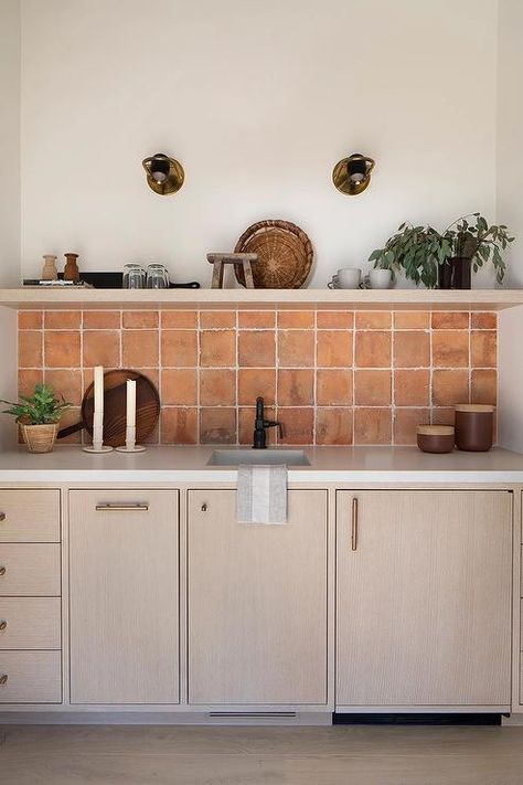 Gray Wash Oak Cabinets with Terracotta Grid Backsplash Tiles - Cottage - Kitchen Terracotta Tiles Kitchen Backsplash, Lisbon Kitchen, Terracotta Kitchen Backsplash, Terracotta Backsplash Kitchen, Terracotta Tile Kitchen, Terracotta Backsplash, Terracotta Tiles Kitchen, Terracotta Kitchen, Earthy Kitchen