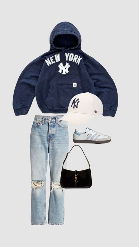 yankee game, yankee outfit, new york yankees hoodie, adidas sambas, yankees har, ysl purse, ripped jeans Yankee Game Outfit, Outfits With Sambas, New York Yankees Outfit, Outfits With Purses, Yankees Hoodie, Yankees Outfit, New York Streetwear, Ysl Purse, Hoodie Adidas