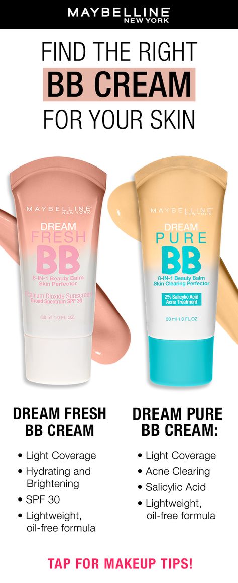 Don't want to wear a full face of foundation? Try Maybelline's Dream BB Cream! Dream BB Fresh and Dream BB Pure have a light coverage, oil-free and perfect for a natural-looking finish. Tap for more makeup tips! Maybelline Dream Bb Cream, Maybelline Dream Fresh Bb Cream, Bb Cream Makeup Look, Diy Bb Cream, Maybelline Bb Cream, Best Bb Cream, Bb Cream For Oily Skin, Light Coverage Foundation, Bb Cream Makeup