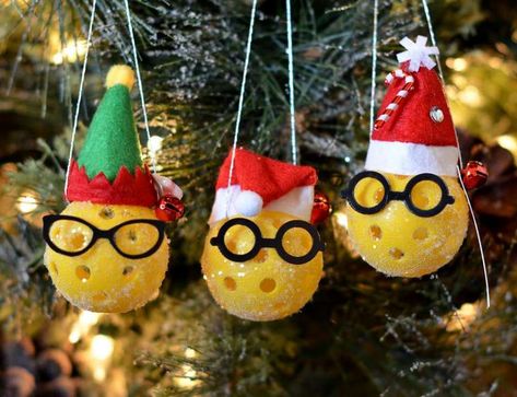 Christmas Pickleball Ornament Trio on Christmas Tree Softball Christmas Gifts, Softball Christmas, Pickleball Christmas, Weekend Crafts, Pickleball Gift, Pickle Ball, Santa Ornaments, Christmas Centerpieces, Ornaments Diy