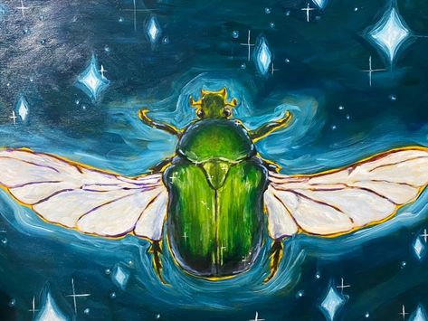 Bug Acrylic Painting, Bug Paintings, Bug Painting, Beetle Painting, Koi Painting, Large Paintings, Spooky Art, Box Diy, Pastel Art