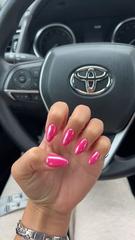 Hot Pink Acrylic Almond Nails, Hot Pink Gel X Nails, Homecoming Nails Hot Pink, Hoco Nails Hot Pink, Vacation Nails Almond Shape Pink, Hot Pink Crome Nails Almond, Bright Pink Nails With Chrome, Hot Pink Nails Birthday, Strawberry Pink Chrome Nails