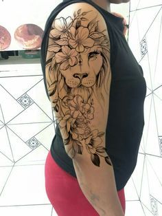 Fashion: #fashion, #style, #outfitinspiration, #beauty Shoulder Lion Tattoo Women, Lion Upper Arm Tattoos For Women, Upper Arm Lion Tattoo Women, Half Lion Half Flower Tattoo, Lion Mandala Tattoo, Biblical Tattoos For Women Sleeve, Girly Sleeve Tattoo, Symmetrical Tattoos, Lion Shoulder Tattoo