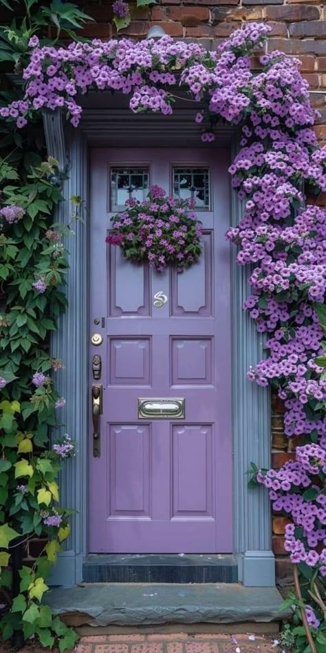 Purple Blue Front Door, Purple Interior Door, White House Purple Door, Light Purple Front Door, House With Purple Door, Purple Doors Front House, Plum Front Door, Colored Front Doors, Purple Front Door